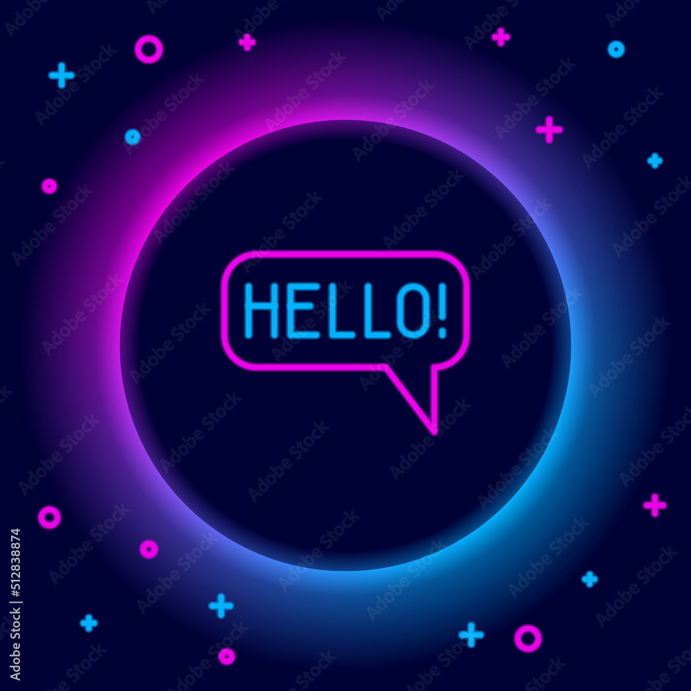 Poster glowing neon line hello in different languages icon isolated on black background. speech bubbles. co