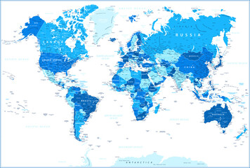 World Map - Blue Spot Political - Vector Detailed Illustration