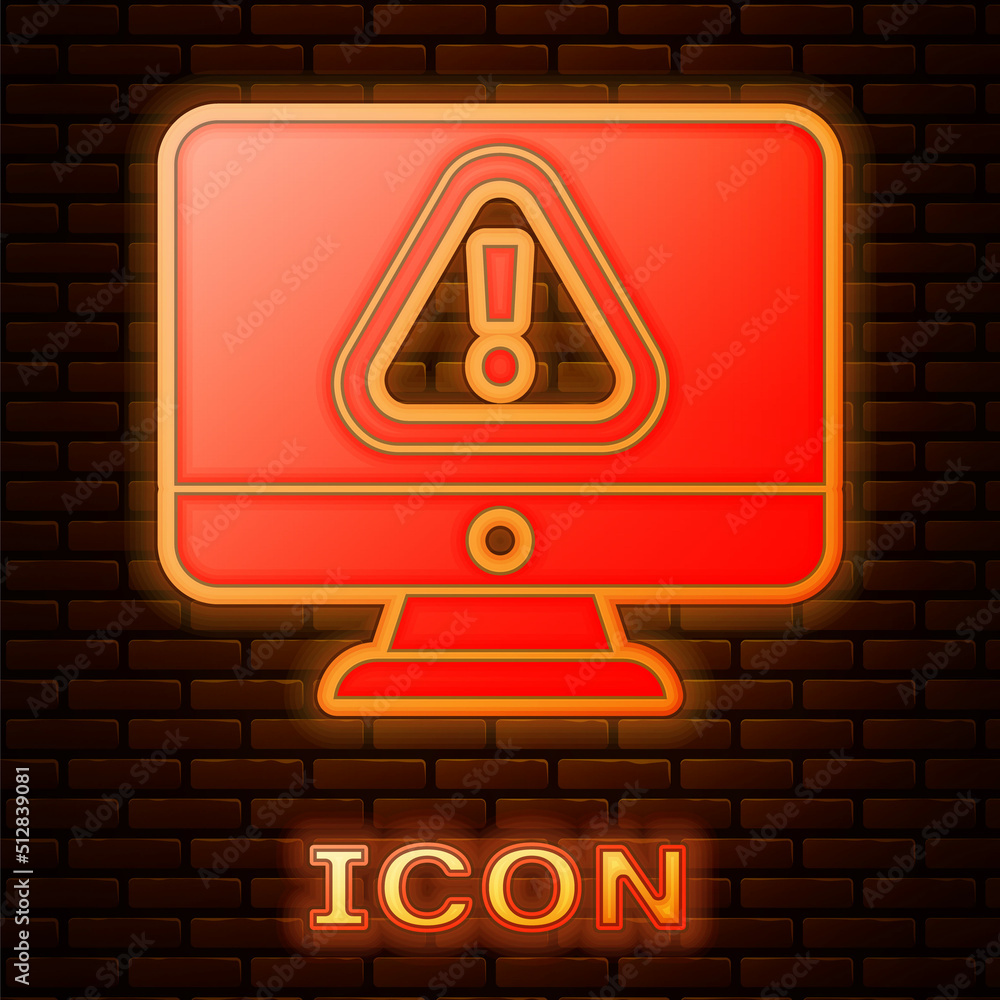Poster glowing neon computer monitor with exclamation mark icon isolated on brick wall background. alert me