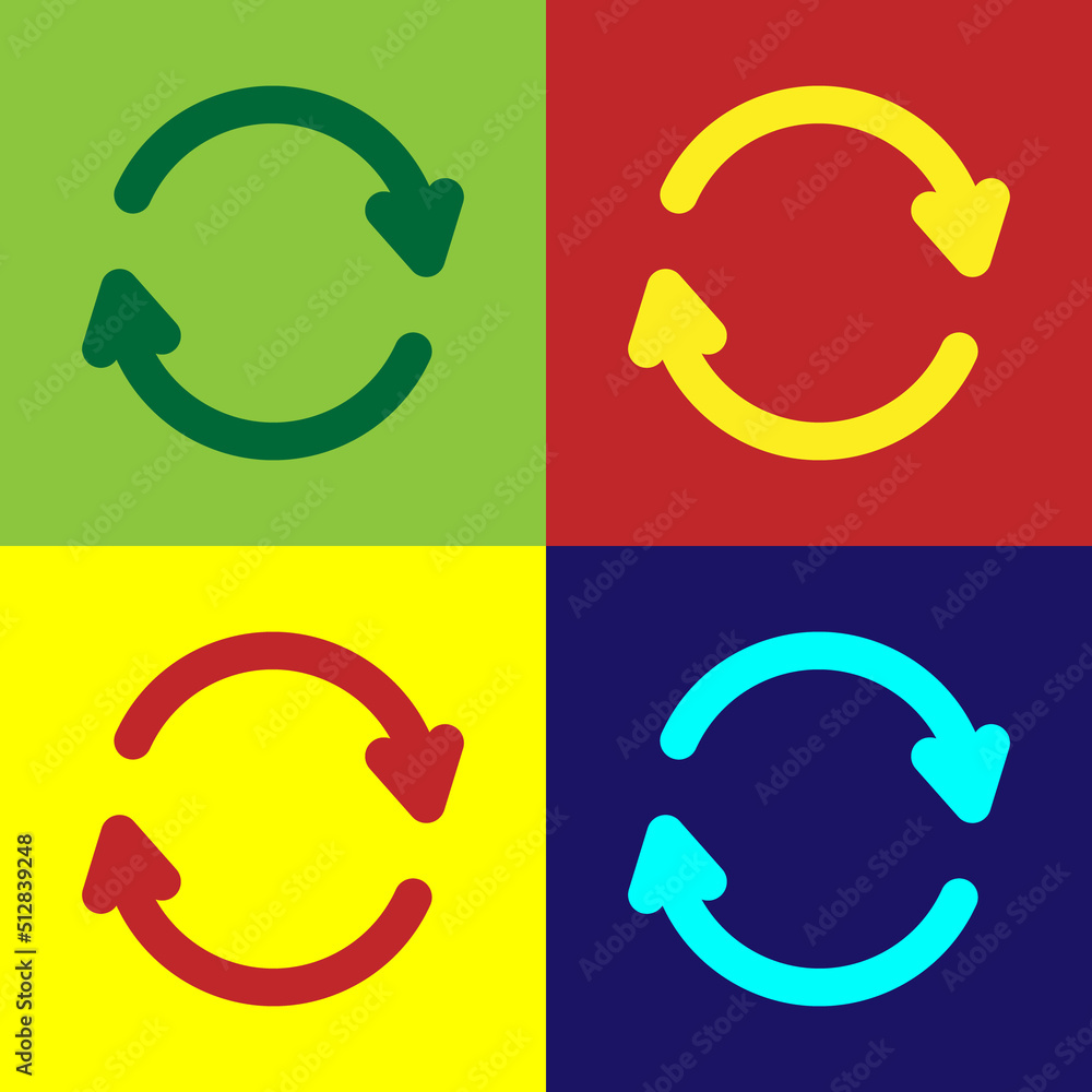 Poster pop art refresh icon isolated on color background. reload symbol. rotation arrows in a circle sign. 