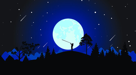 evening in the mountains starry sky man in the moonlight, vector drawing, dark night, trees in the mountains mountains, Ukraine, trembita