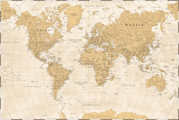 Fototapeta na wymiar World Map - Beige Golden Vintage Political - Vector Detailed Illustration