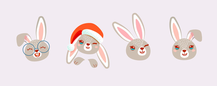 Set of cute rabbits. Funny doodle animals. Little bunny in cartoon style. Vector illustration