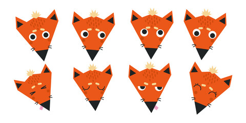 cute red triangular foxes, face set with emotions, vector - 512839694