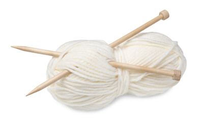 Fototapeta na wymiar Soft woolen yarn with knitting needles on white background