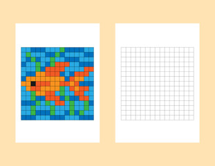 Pixel coloring page fish. Kids colouring book. Educational game for children. Grid with mosaic, cross-stitch. Vector illustration