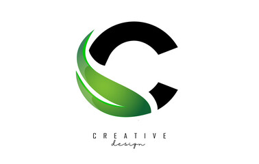 Vector illustration of abstract letter C with leaf, eco, natural design. Letter C logo with creative cut and shape.