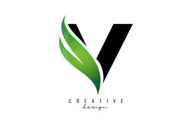 Vector illustration of abstract letter V with leaf, eco, natural design. Letter V logo with creative cut and shape.