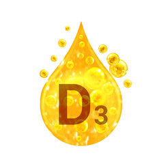 Vitamin D3. Images golden drop and balls with oxygen bubbles. Health concept. Isolated on white background - 512840499