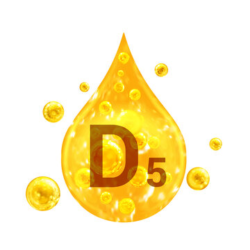 Vitamin D5. Images golden drop and balls with oxygen bubbles. Health concept. Isolated on white background