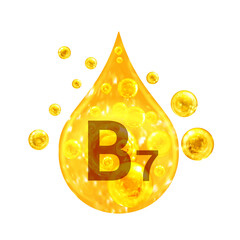 Vitamin B7. Images golden drop and balls with oxygen bubbles. Health concept. Isolated on white background - 512840620