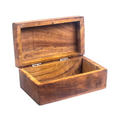 Open raw wooden box for small items isolated on white background. close up.