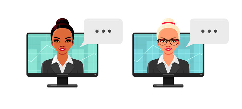 Businesswomen portraits on computer screen. Set of female characters, Indian and European girls, trader, manager or realtor with graph. Vector cartoon illustrations isolated on white background