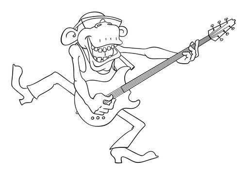 Funny, cheerful monkey plays the electric guitar. Cartoon monkey with a guitar. Monkey musician. Vector outline illustration isolated on white.