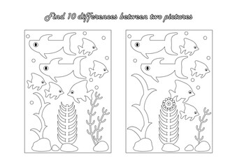 Find 10 differences. Educational game for children. Coloring book page. Underwater sea world. Cartoon vector illustration.