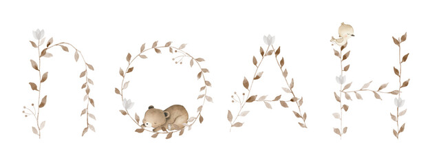 Alphabet watercolor letter custom initial baby name woodland leaf