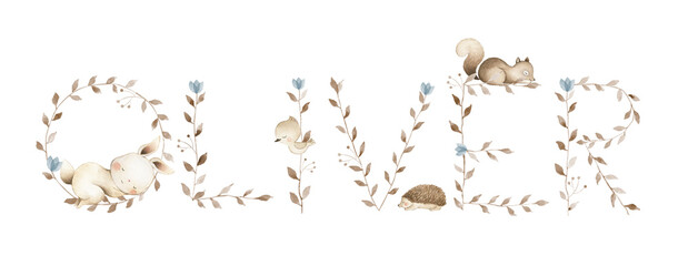 Alphabet watercolor letter custom initial baby name woodland leaf