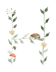 Alphabet watercolor letter custom initial baby name woodland leaf