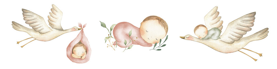 Baby watercolor illustration stork newborn girl boy - obrazy, fototapety, plakaty