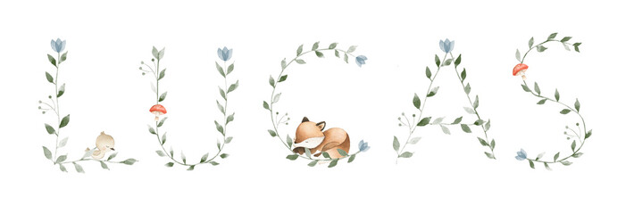 Alphabet watercolor letter custom initial baby name woodland leaf