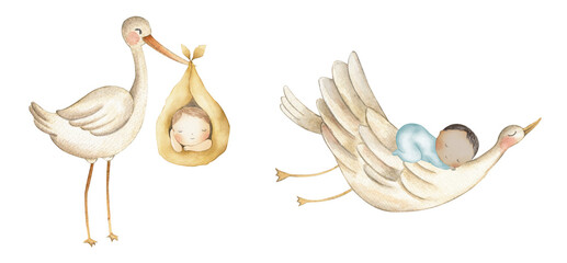Baby watercolor illustration stork newborn girl boy - obrazy, fototapety, plakaty