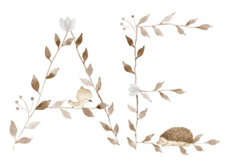 Alphabet watercolor letter custom initial baby name woodland leaf
