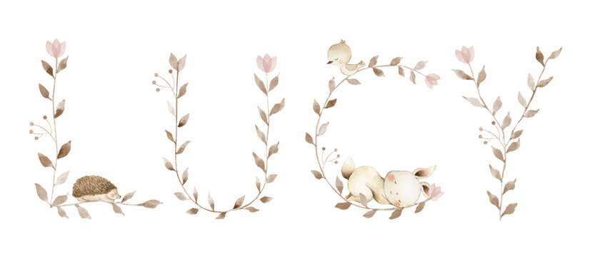 Alphabet watercolor letter custom initial baby name woodland leaf