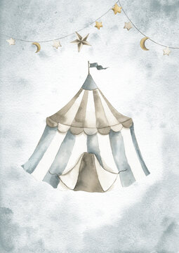 Circus Tent Blue Watercolor Nursery Baby Illustration