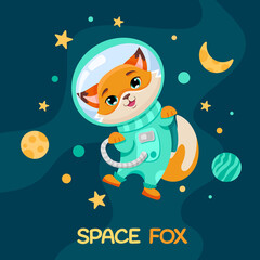 Fototapeta na wymiar Cute cartoon fox astronaut with stars, moon and planets for birthday party flyer, kids print texture and baby shower. Vector Cartoon illustration