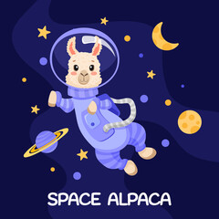 Cute cartoon alpaca astronaut with stars, moon and planets for birthday party flyer, kids print texture and baby shower. Vector Cartoon illustration