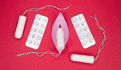 Menstruation and women's health concept. Pink vulva with tampon and pills