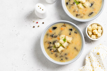 Roasted potato garlic creamy mushroom soup. Top view, copy space.