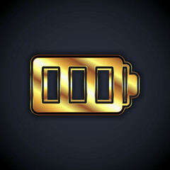 Gold Battery charge level indicator icon isolated on black background. Vector
