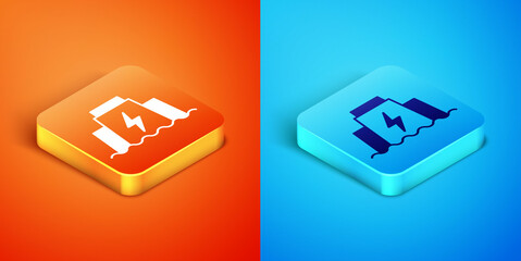 Isometric Hydroelectric dam icon isolated on orange and blue background. Water energy plant. Hydropower. Hydroelectricity. Vector