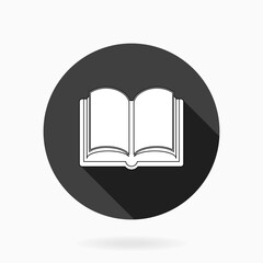 White vector book icon in the black circle. Flat design and long shadow