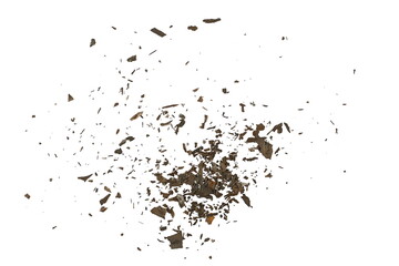 Explosion effect, burned, charred paper scraps, scattered isolated on white texture, top view