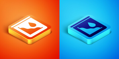 Isometric Drop in crude oil price icon isolated on orange and blue background. Oil industry crisis concept. Vector