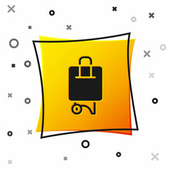 Black Suitcase for travel icon isolated on white background. Traveling baggage sign. Travel luggage icon. Yellow square button. Vector