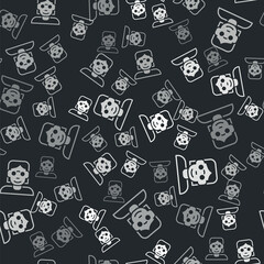Grey Hacker or coder icon isolated seamless pattern on black background. Programmer developer working on code, coding, testing, debugging, analysing. Vector