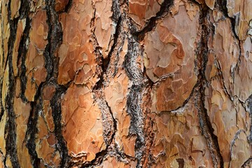 Red scot's pine tree trunk bark texture with large scales. macro view. rough surface. patterns concept. beauty in nature. closeup detail. forest and trees. light brown color. bright light. - Powered by Adobe