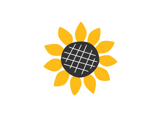 Hand drawn cute summer cartoon illustration of sunflower. Flat vector farm floral sticker in simple colored doodle style. Helianthus icon or print. Isolated on white background.