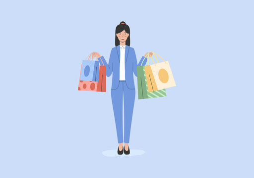 Concept Of Fashion, Sale And Shopping. Woman With Purchases. Happy Smiling Female Character Has Bought Clothes In Fashion Boutique. Stylish Beautiful Girl In Shop. Cartoon Flat Vector illustration