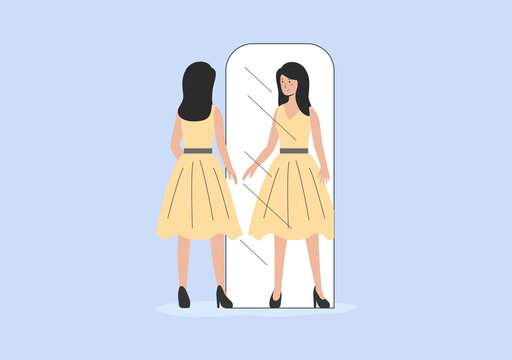 Concept Of Fashion, Sale And Shopping. Woman In Fashion Boutique. Happy Smiling Female Character Is Looking In The Mirror Choosing New Dress And Shoes For Herself. Cartoon Flat Vector illustration