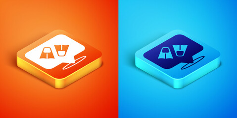 Isometric Rubber flippers for swimming icon isolated on orange and blue background. Diving equipment. Extreme sport. Diving underwater equipment. Vector © vector_v