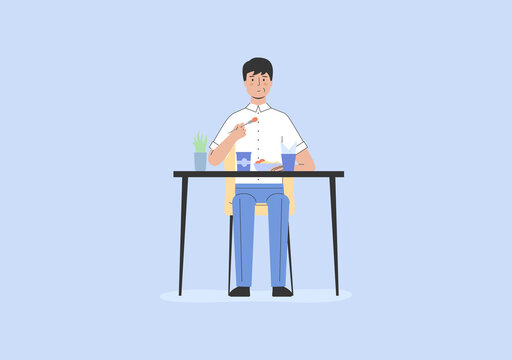 Concept Of Food Service And Eating Out. Man Is Visiting Restaurant, Eating Business Lunch. Male Character Is Drinking Beverage Eating Meal In Fast Food Restaurant. Cartoon Flat Vector Illustration