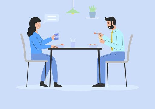Concept Of Relationship, Spending Time And Date. People Sit at Cafe Table. Happy Man And Woman In Love Spend Time Together Eating Tasty Dinner In Fashion Restaurant. Cartoon Flat Vector Illustration