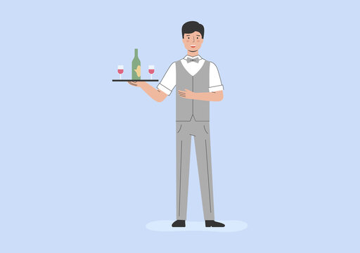 Concept Of Service In Restaurant. Male Character At Workplace. Man Waiter Is Holding Tray With Vine Glasses. Waiter Prepared an Order of Alcohol For the Customer. Cartoon Flat Vector Illustration