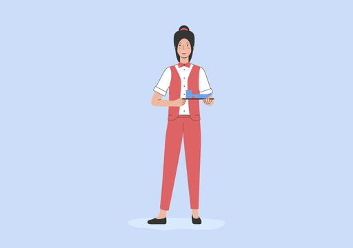 Concept Of Service In Restaurant. Female Character At Workplace. Woman Waiter Is Holding Tray With Order. Waiter Prepared an Order of Tasty Dishes For the Customer. Cartoon Flat Vector Illustration