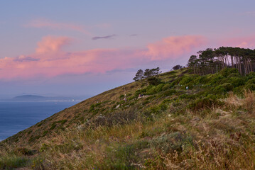 View from Signal Hill at sunset. Panorama of Lions Head in Cape Town at dawn. Peaceful nature scene...