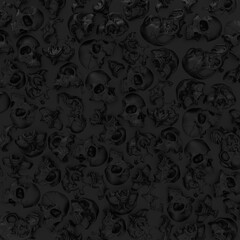 Illustration of a mass of black skulls buried in black background.